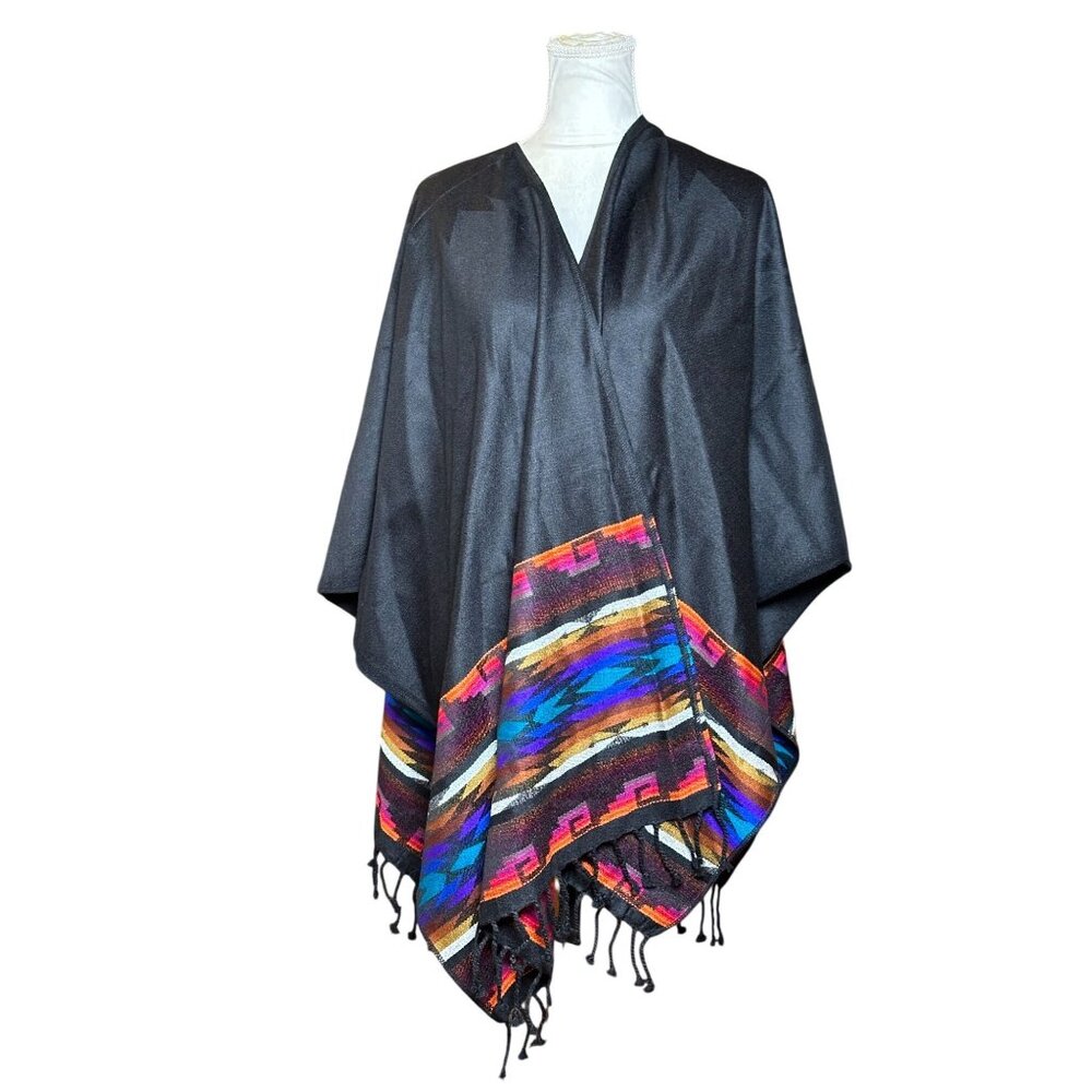 Black Boho Poncho Shawl Southwestern Tribal Fringe Wrap One Size